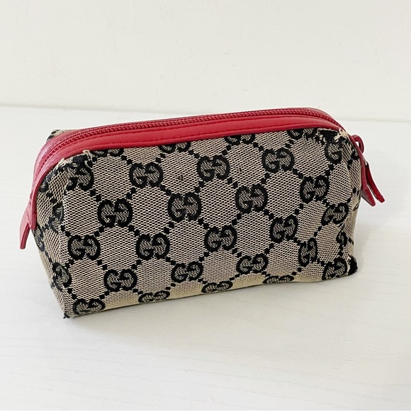 ❤️SOLD❤️Gucci navy blue monogram canvas red leather small cosmetic zip pouch - Picture 3 of 12